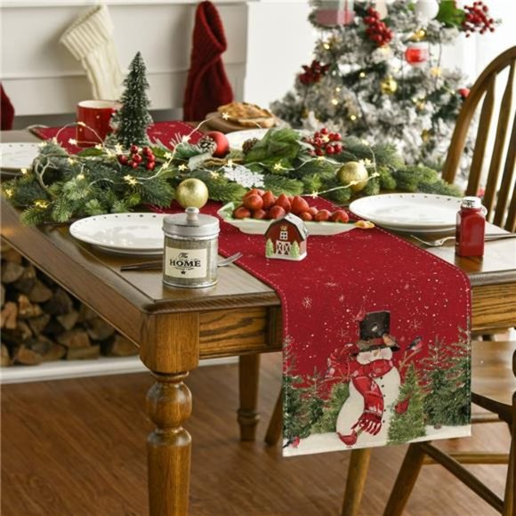 Snowman Christmas Birds Trees Table Runner, Kitchen Dining 13 x 72 Inch - Picture 5 of 5